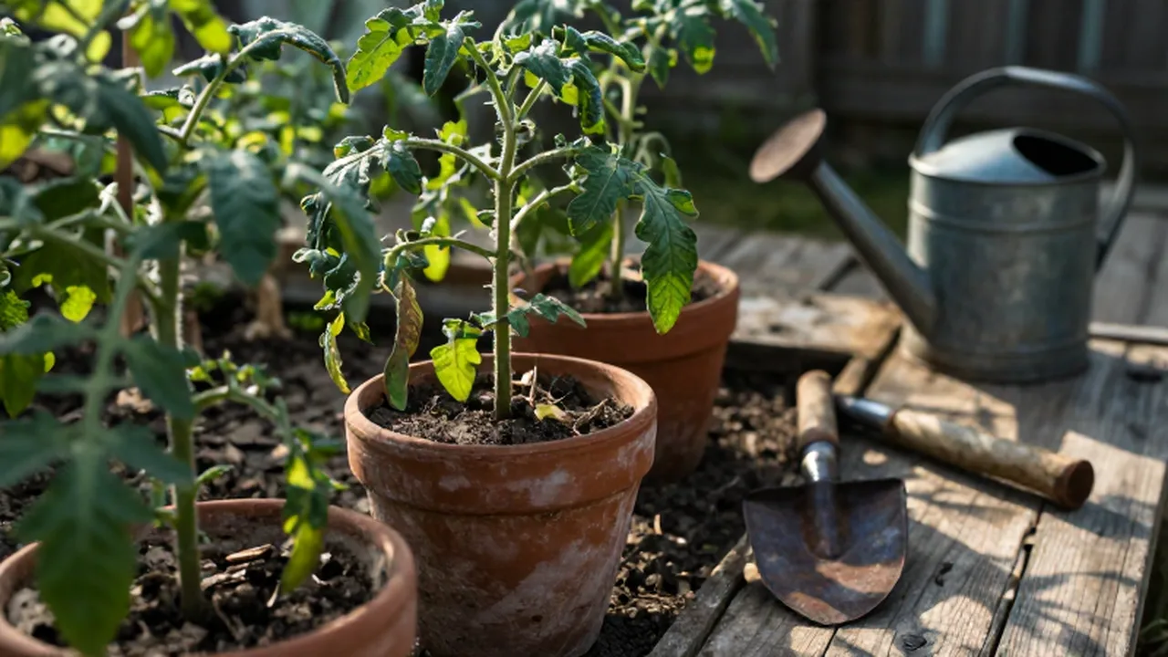 Plantas de tomate marchitas en macetas de terracota con la tierra seca y agrietada.