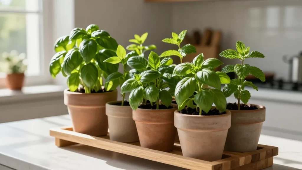 Plantas de albahaca y menta en macetas de terracota sobre un estante de madera en una cocina luminosa.
