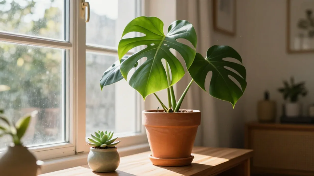 Planta Monstera Deliciosa en una maceta de terracota junto a una ventana bajo la luz del sol.