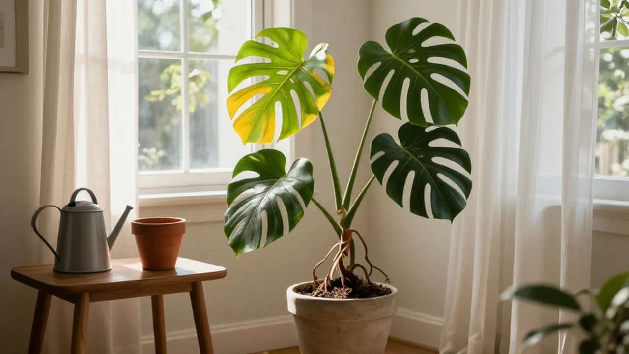 Planta de Monstera con hojas amarillentas junto a una ventana iluminada por el sol.