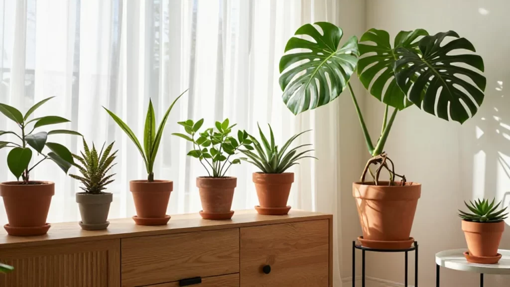 Variedad de plantas de interior bañadas por la luz del sol en un salón moderno de diseño minimalista.