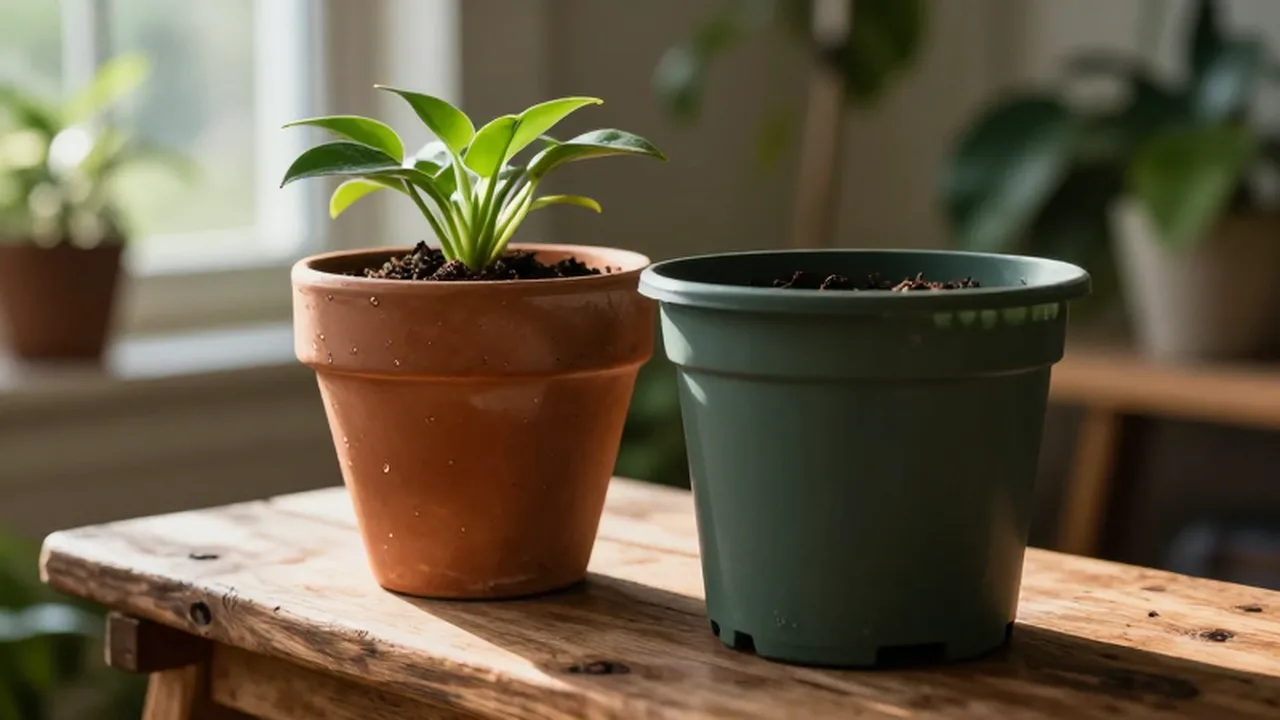 Planta verde en una maceta de terracota junto a una de plástico sobre un banco de madera.