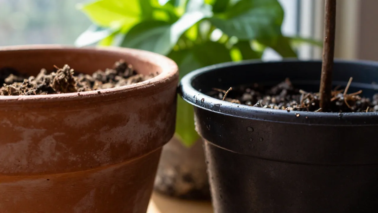 Maceta de terracota con tierra seca junto a una maceta moderna de plástico con suelo húmedo.