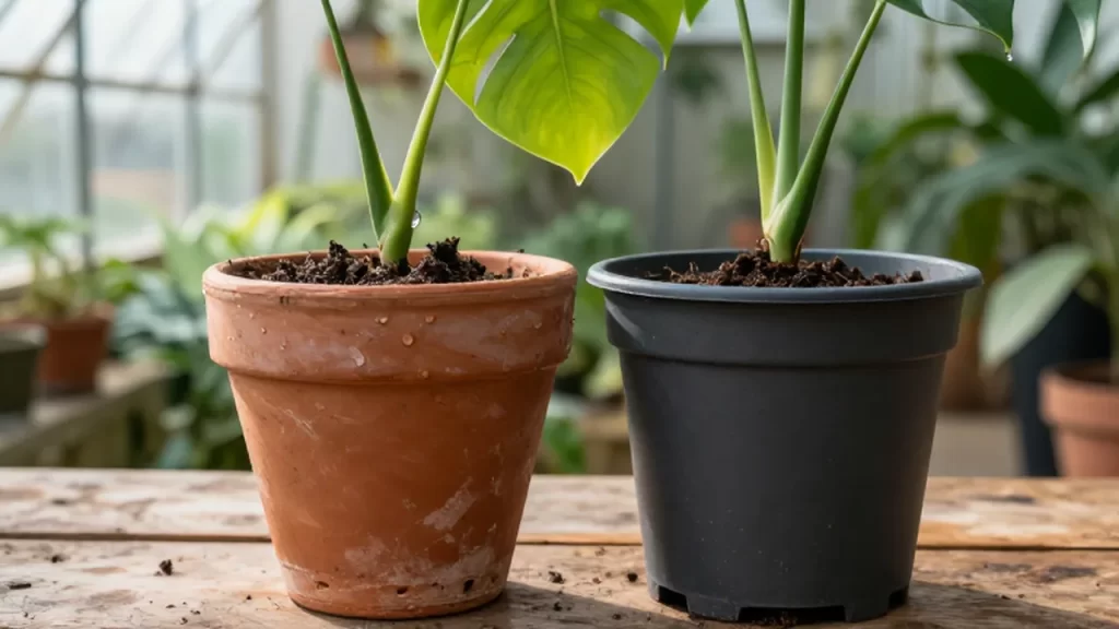 Dos plantas Monstera crecen en macetas de terracota y plástico sobre un banco de madera.