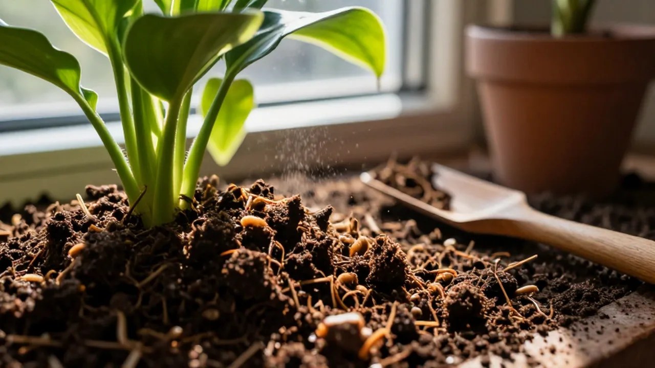 Tierra oscura de compost orgánico esparcida alrededor de la base de una planta verde bajo la luz del sol.