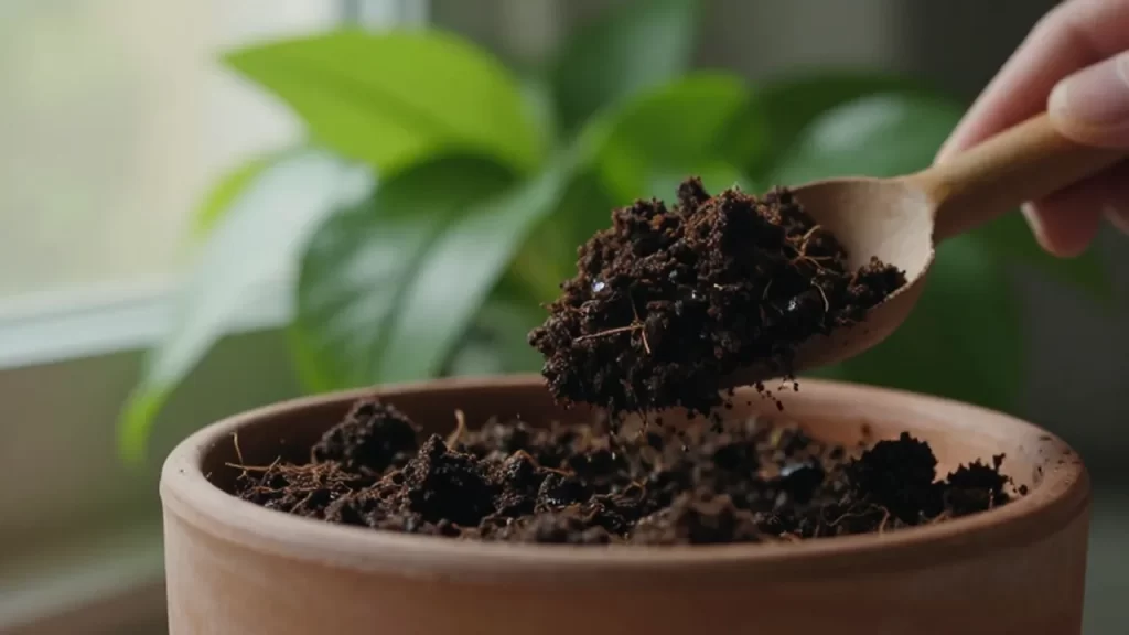 Manos llenando una maceta de terracota con tierra orgánica oscura bajo la luz del sol.