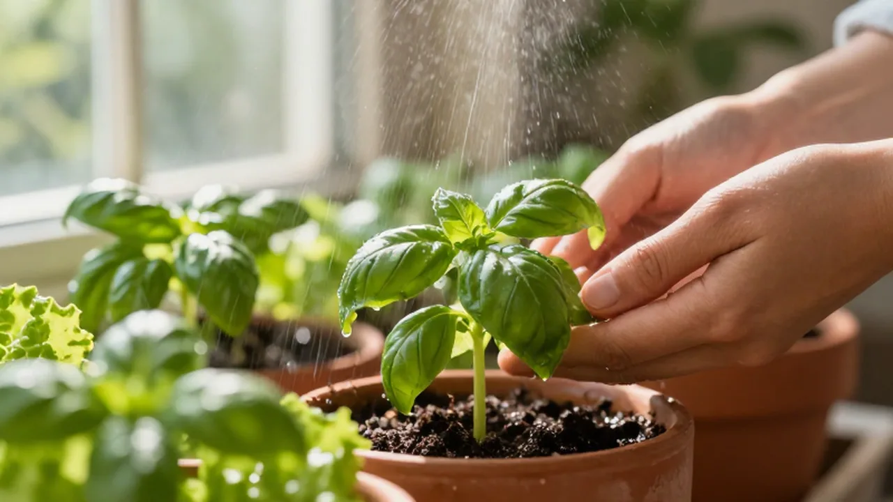 Manos regando con una fina bruma plantas de albahaca y lechuga en macetas de barro.