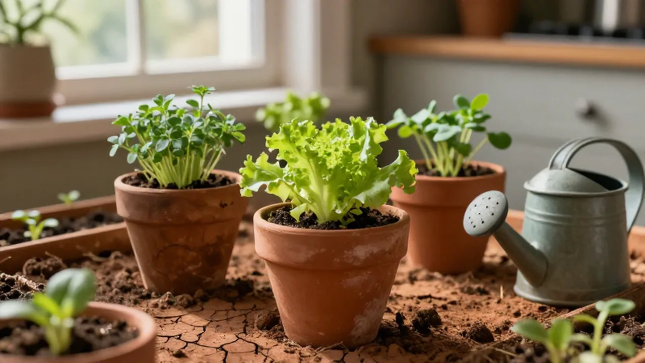 Plántulas de lechuga y hierbas creciendo en macetas de barro bajo la luz de la mañana.