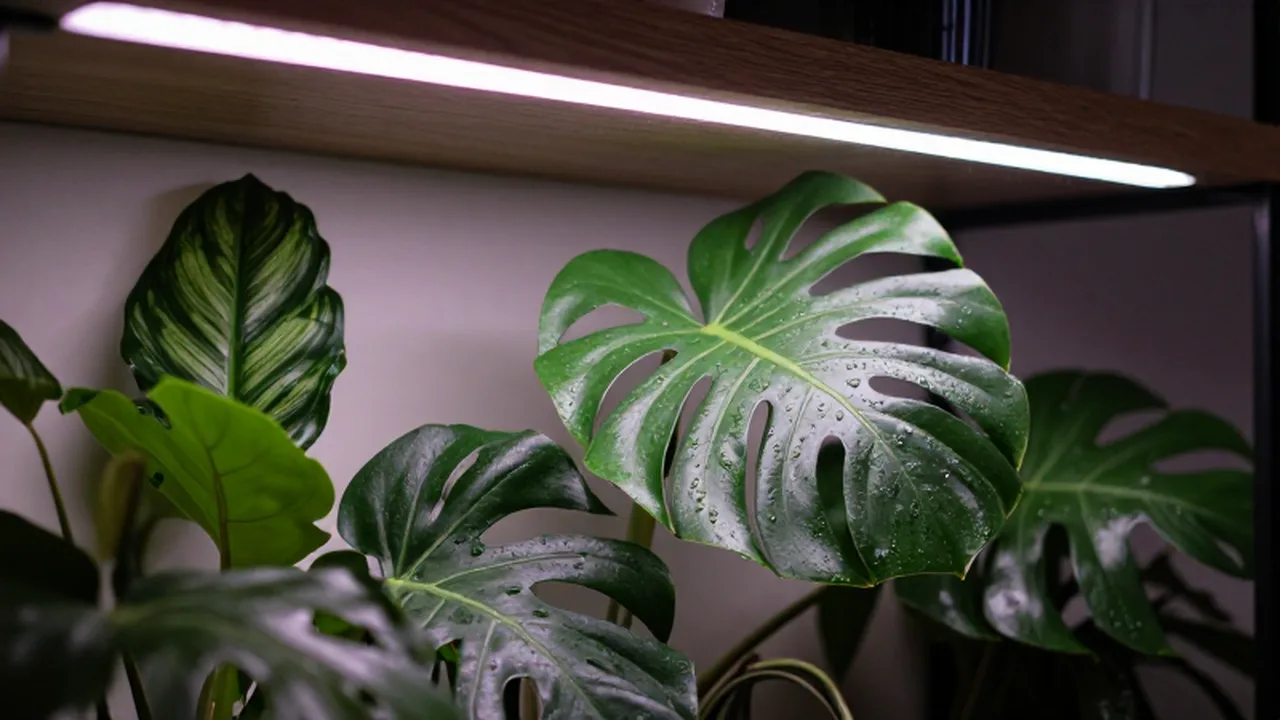 Plantas de interior Calathea y Monstera con gotas de rocío bajo una luz de cultivo.