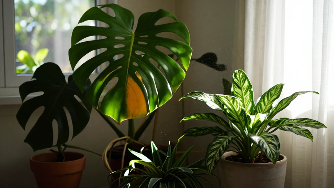 Varias plantas de interior, incluyendo una Monstera y una Calathea, iluminadas por la luz matutina.