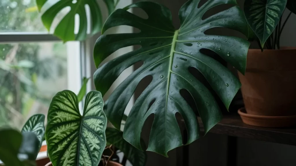 Hojas verdes de Monstera y Calathea con gotas de humedad en macetas de terracota.