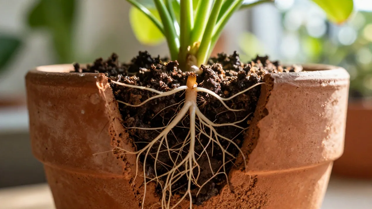 Raíces blancas y delgadas expandiéndose a través de una maceta de barro terracota con tierra húmeda.