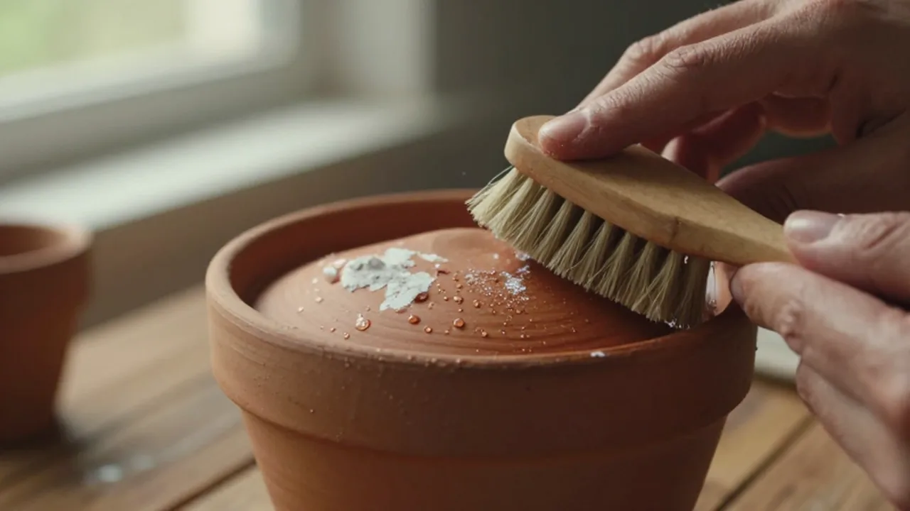 Unas manos limpian con un cepillo los depósitos minerales de una maceta de terracota.