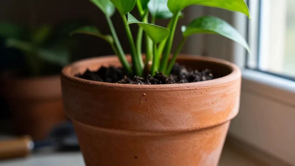 Planta de potos creciendo en una maceta de terracota bajo la luz del sol.