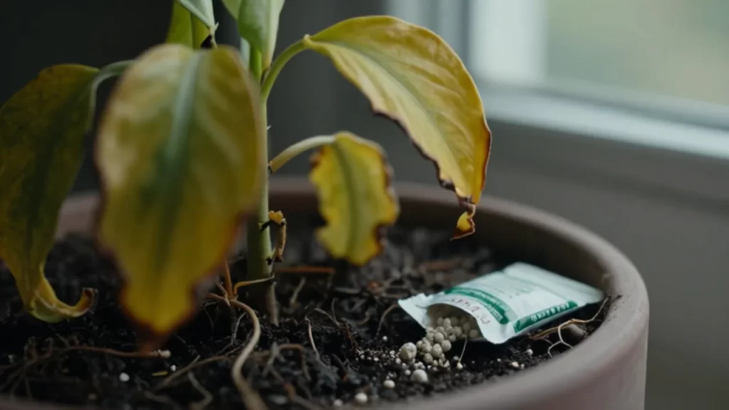 Planta de interior marchita con hojas amarillentas y fertilizante derramado sobre la tierra húmeda.