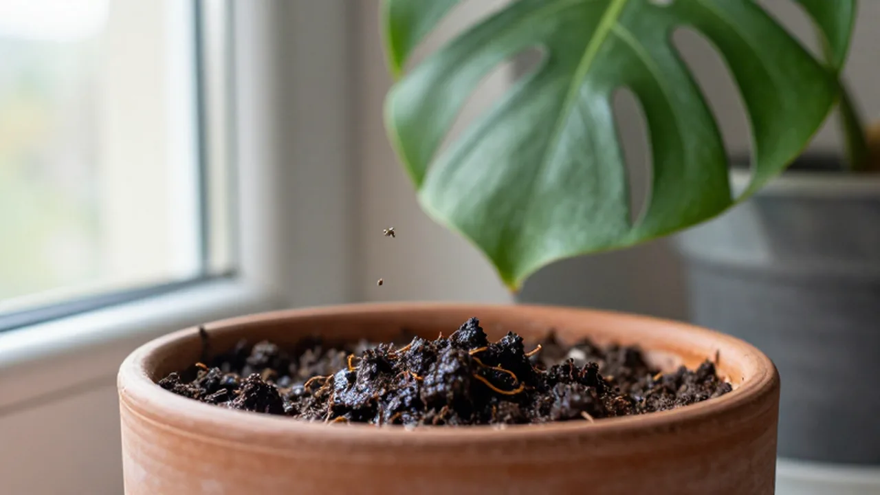 Pequeños insectos volando sobre la tierra húmeda de una planta Monstera en una maceta.