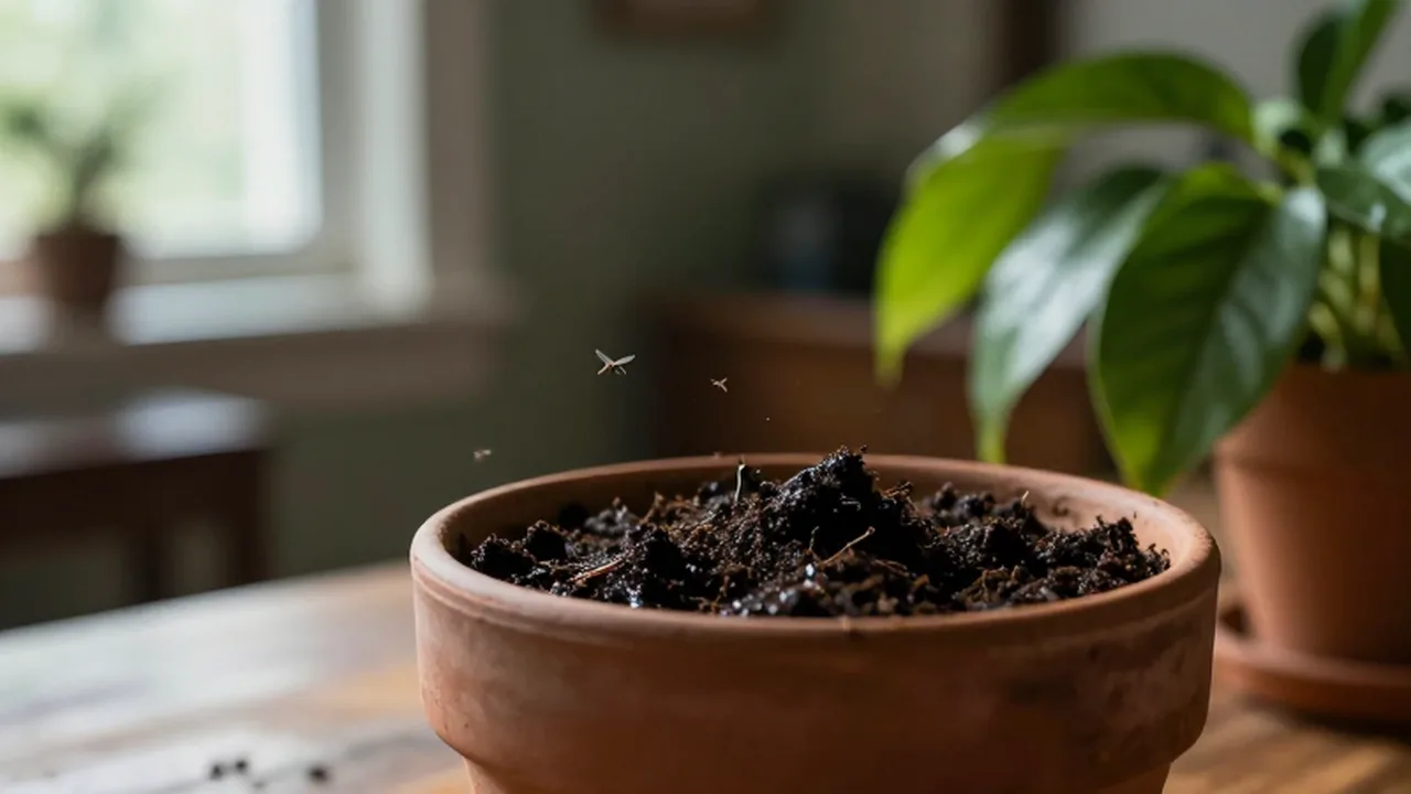 Pequeños insectos volando sobre la tierra húmeda de una planta de interior en una maceta de barro.