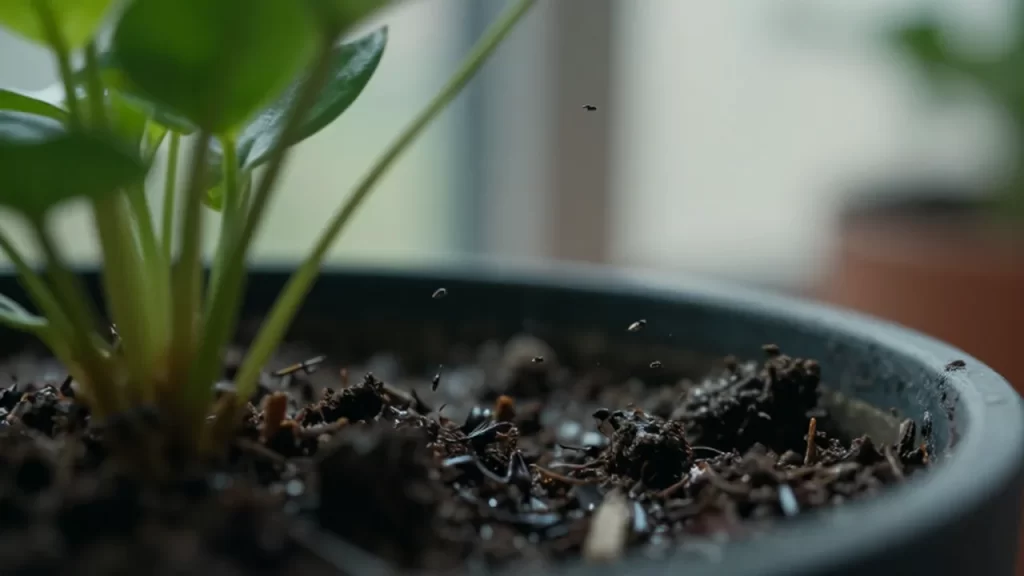 Pequeños insectos negros revolotean sobre la tierra húmeda de una planta de interior.