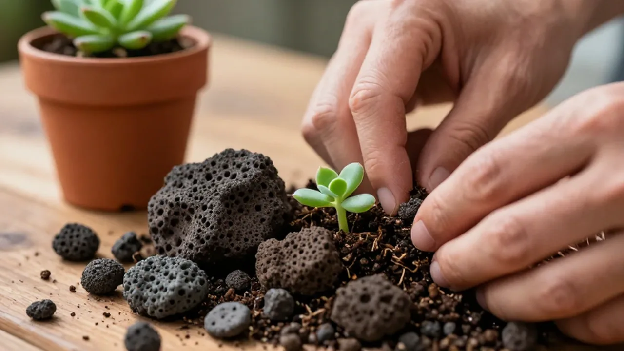 Manos de un jardinero acomodando la tierra y piedra volcánica de una pequeña suculenta.