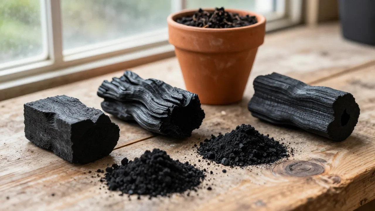 Trozos de carbón vegetal y polvo negro esparcidos sobre una mesa de madera junto a una maceta.