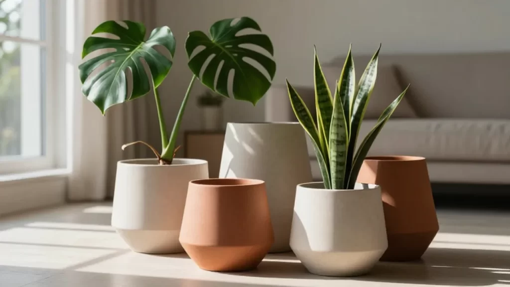 Plantas Monstera y Sansevieria en macetas de cerámica minimalistas sobre un salón iluminado por el sol.