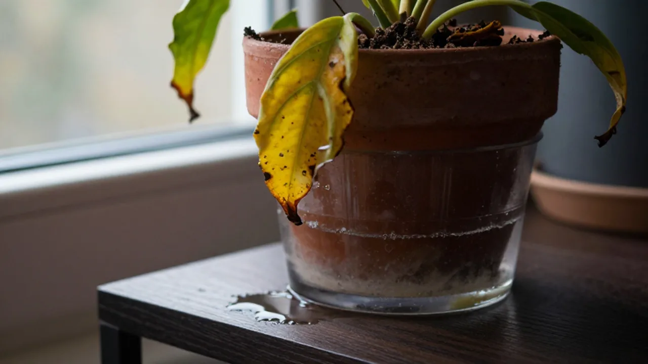 Planta de interior marchita con hojas amarillas en una maceta autorregable sobre un estante de madera.