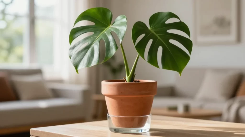 Planta Monstera con hojas verdes brillantes en una maceta de cerámica con depósito de agua.