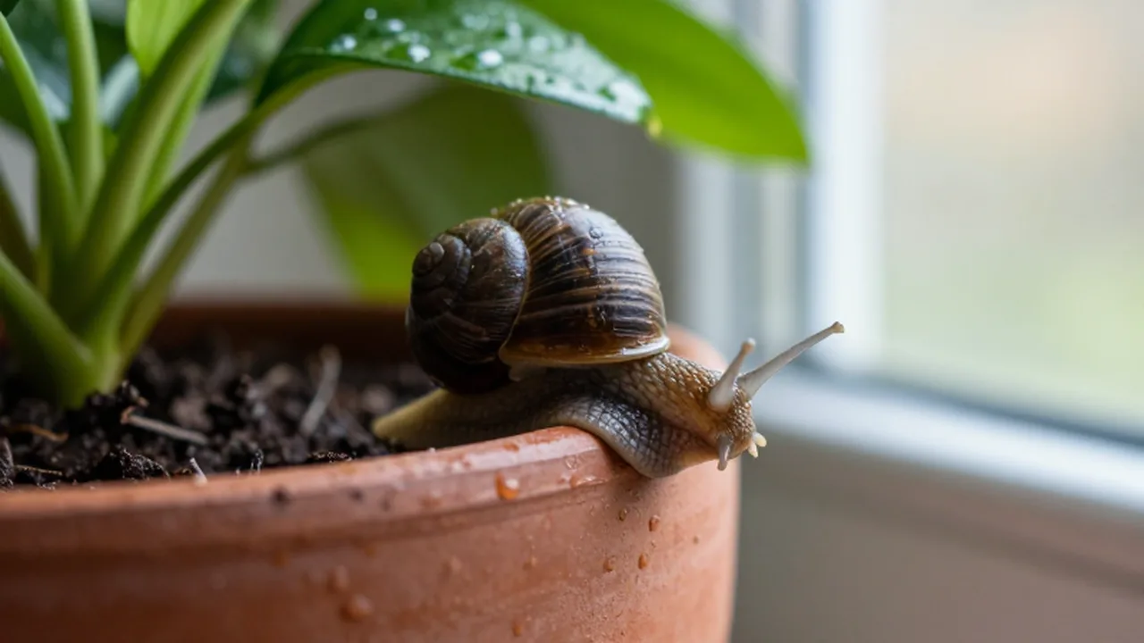 Caracol pequeño trepando por el borde de una maceta de barro rodeada de plantas verdes.