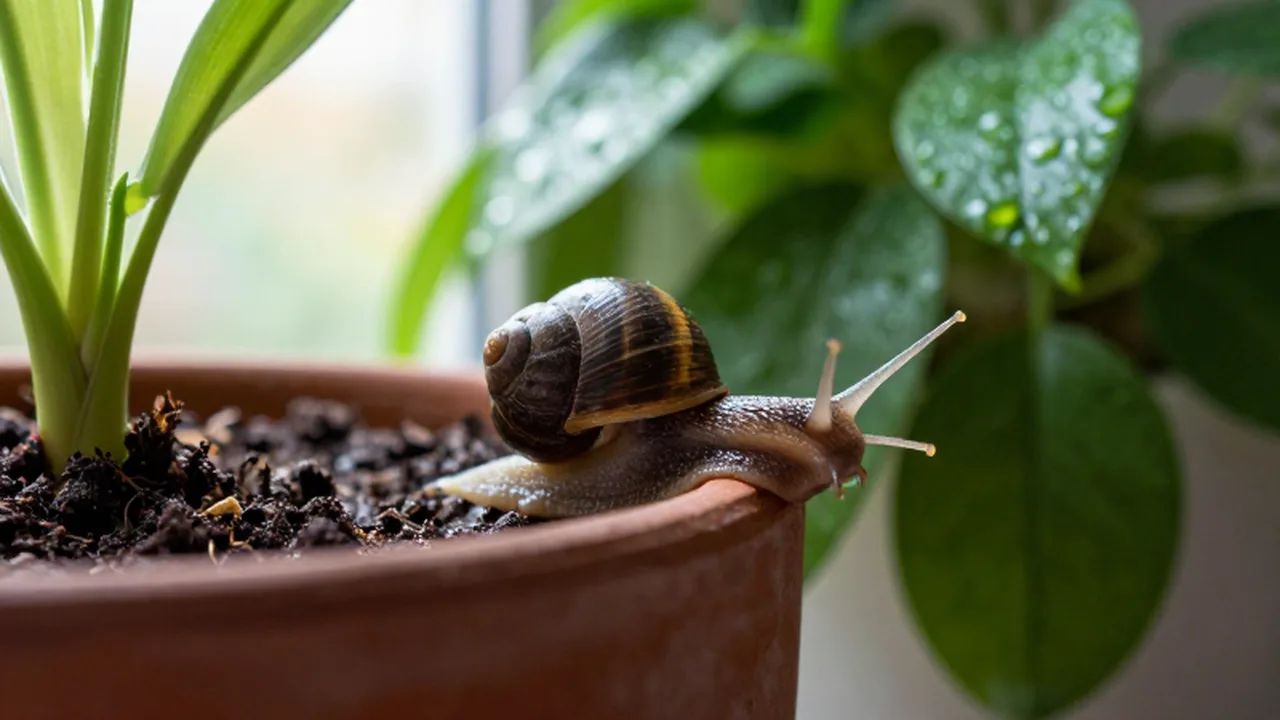Caracol de jardín deslizándose por el borde de una maceta de terracota entre hojas verdes húmedas.