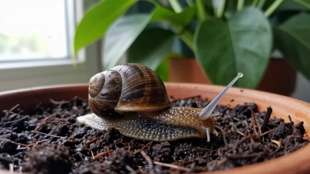 Pequeño caracol de caparazón detallado deslizándose sobre la tierra húmeda de una maceta de terracota.