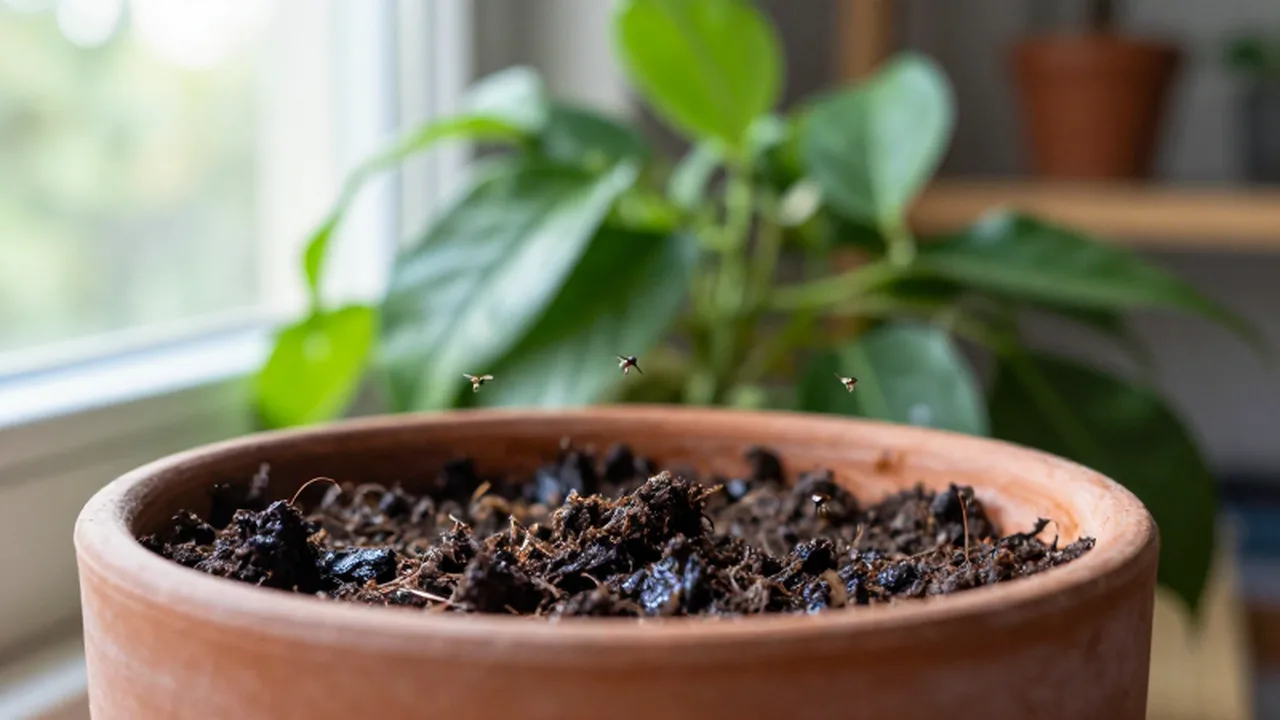 Pequeños insectos volando sobre la tierra húmeda de una planta de interior en una maceta de terracota.