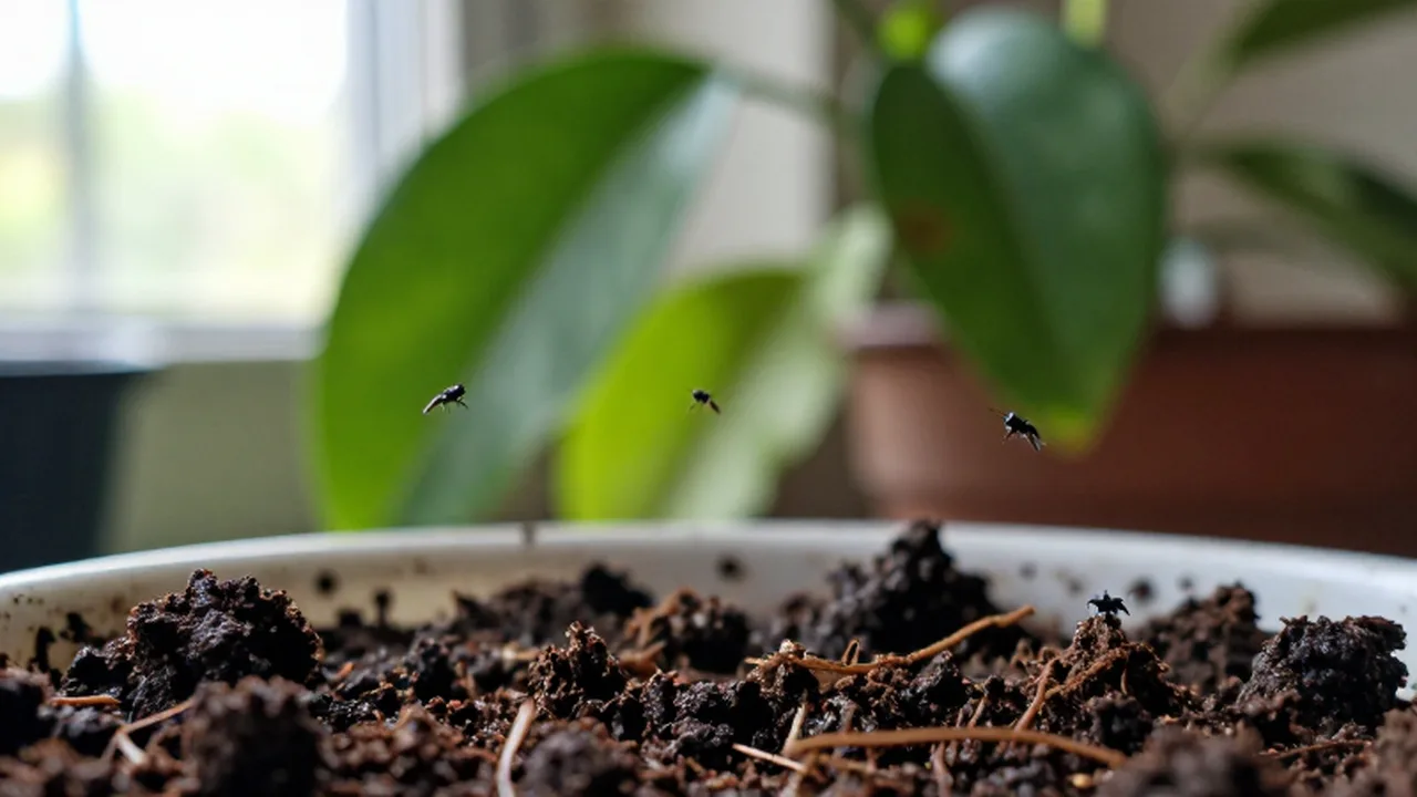 Pequeños insectos negros revolotean sobre la tierra húmeda de una planta de interior.