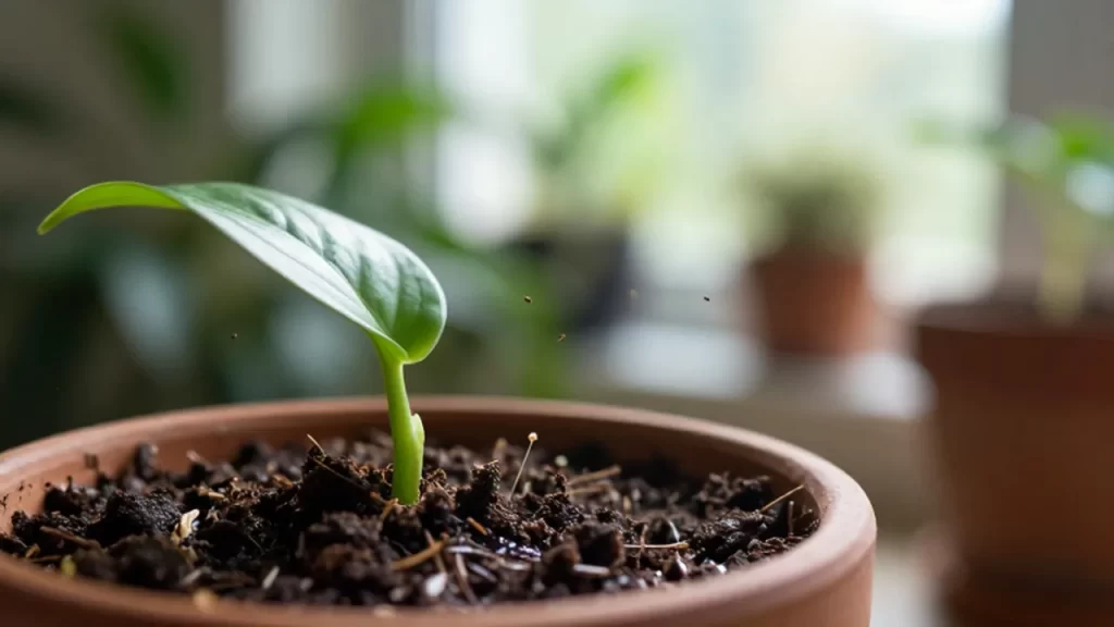 Pequeños insectos volando sobre la tierra húmeda de una planta de interior en una maceta.