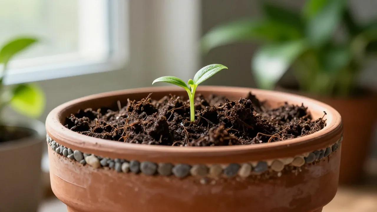 Primer plano de un pequeño brote verde creciendo en una maceta de barro con tierra fértil.