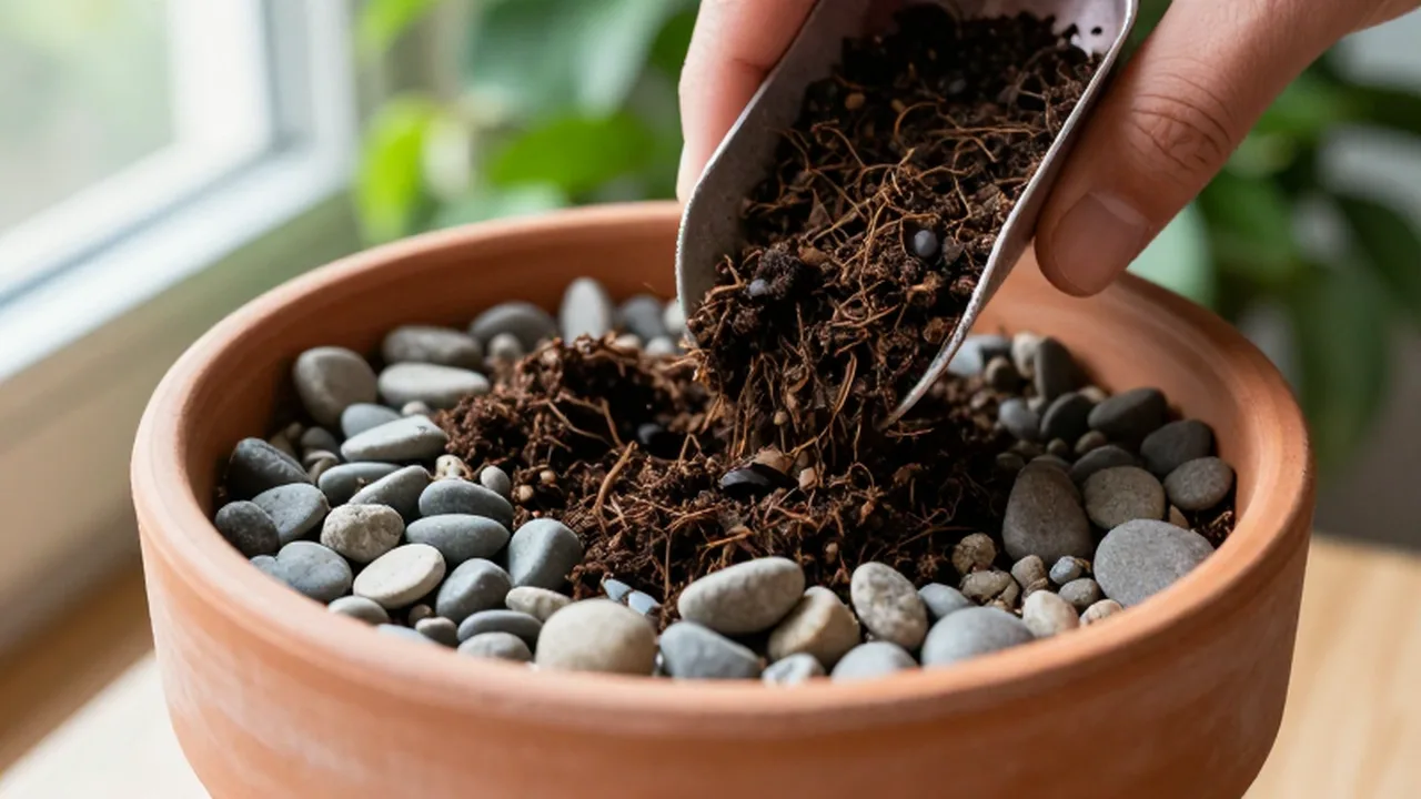 Manos de jardinero colocando tierra orgánica sobre piedras en una maceta de terracota.