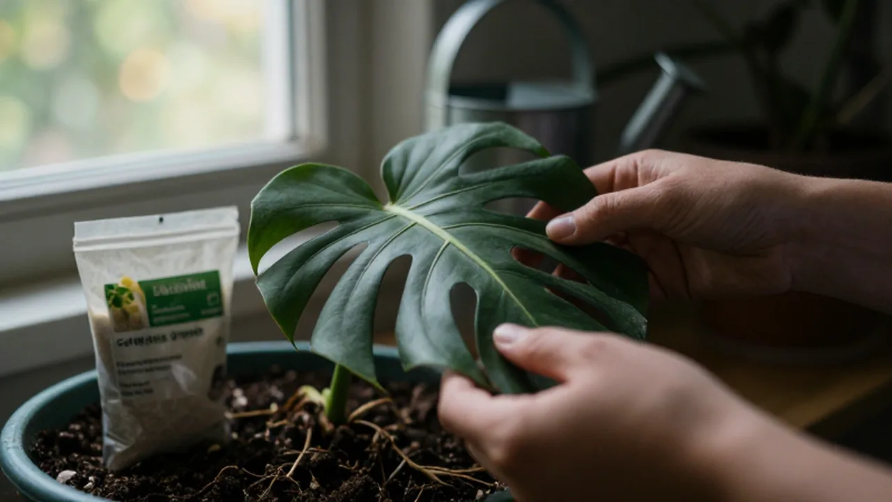 Manos examinando con cuidado una hoja marchita de una planta Monstera en un jardín interior.