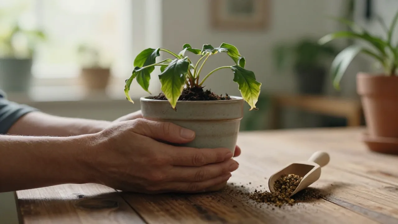 Manos sosteniendo una maceta con una planta marchita junto a un pequeño cuenco de fertilizante.