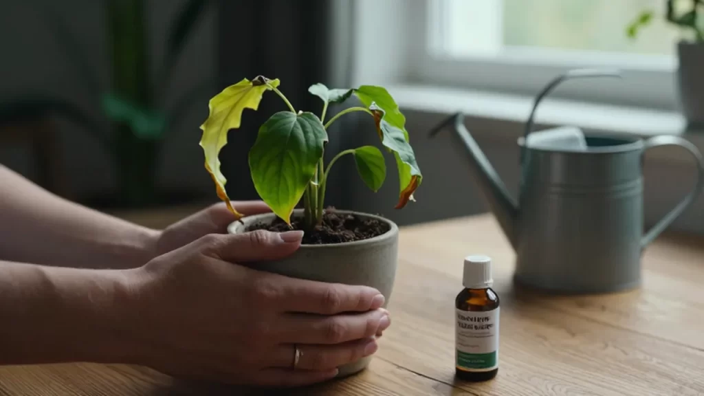 Manos tocando una planta con hojas amarillentas junto a un fertilizante y una regadera.