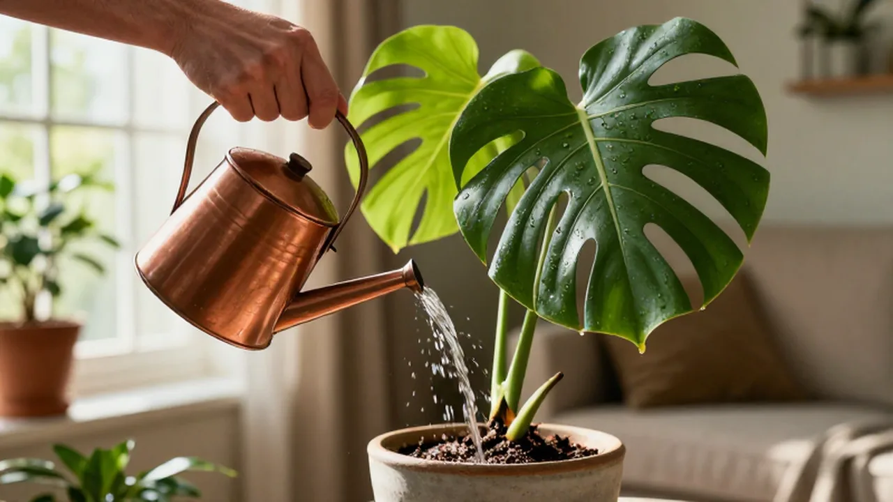 Manos regando una planta Monstera deliciosa con una regadera de cobre bajo la luz del sol.