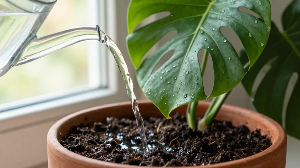 Agua vertiéndose de una regadera de cristal sobre la tierra de una planta Monstera.