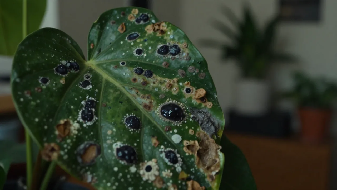 Hoja con manchas de infecciones bacterianas en plantas.