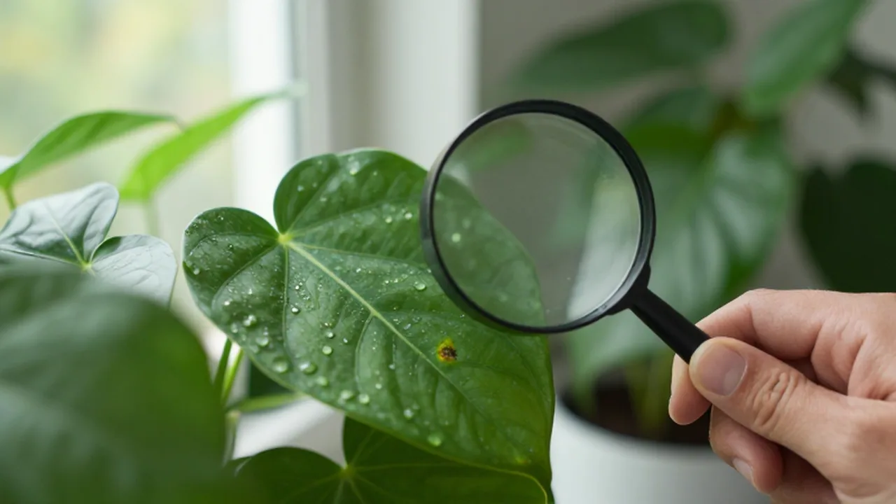 Inspección de infecciones bacterianas en plantas con lupa.
