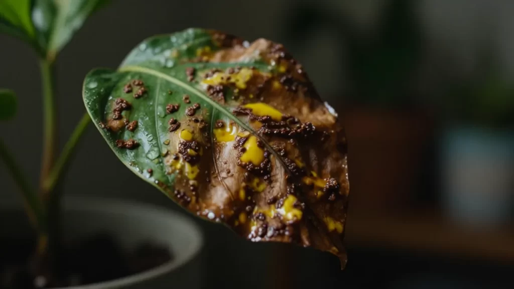 Primer plano de una hoja de planta de interior marchita con manchas marrones y zonas amarillentas por infección bacteriana.