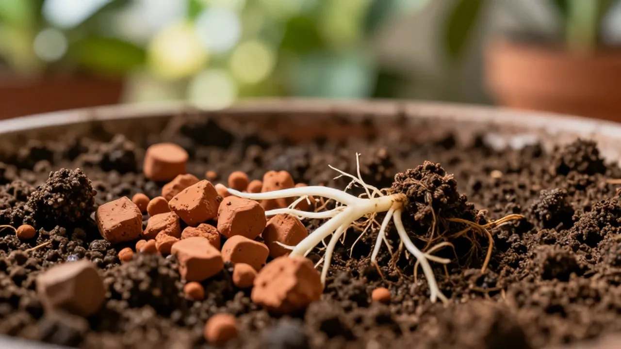 Raíces blancas sanas extendiéndose entre partículas de arcilla terracota y tierra húmeda.