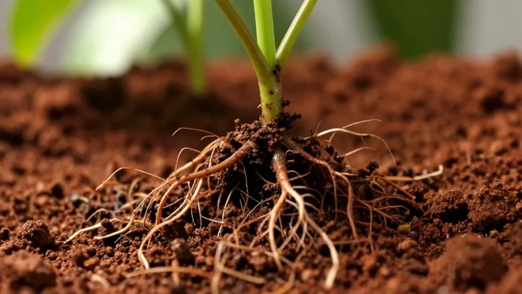 Raíces de una planta extendiéndose entre tierra arcillosa rojosa con un pequeño brote verde emergiendo.
