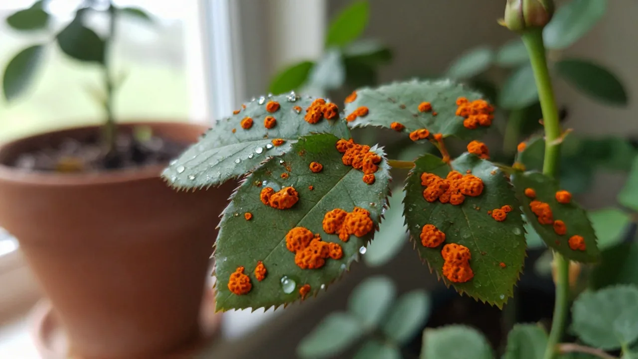Primer plano detallado de una hoja verde de rosal con manchas anaranjadas de infección por hongos.