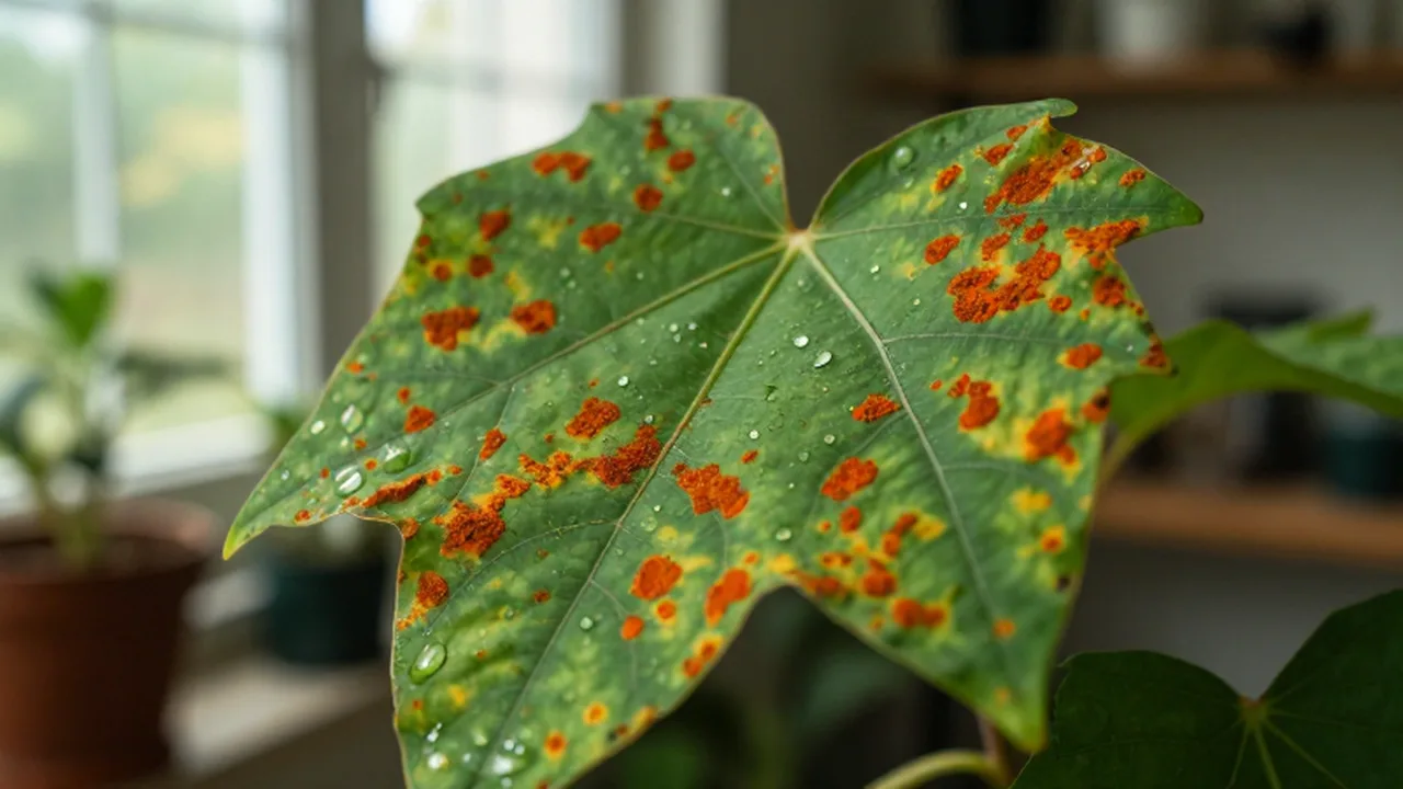 Hoja verde con manchas anaranjadas de hongo de la roya y gotas de agua.