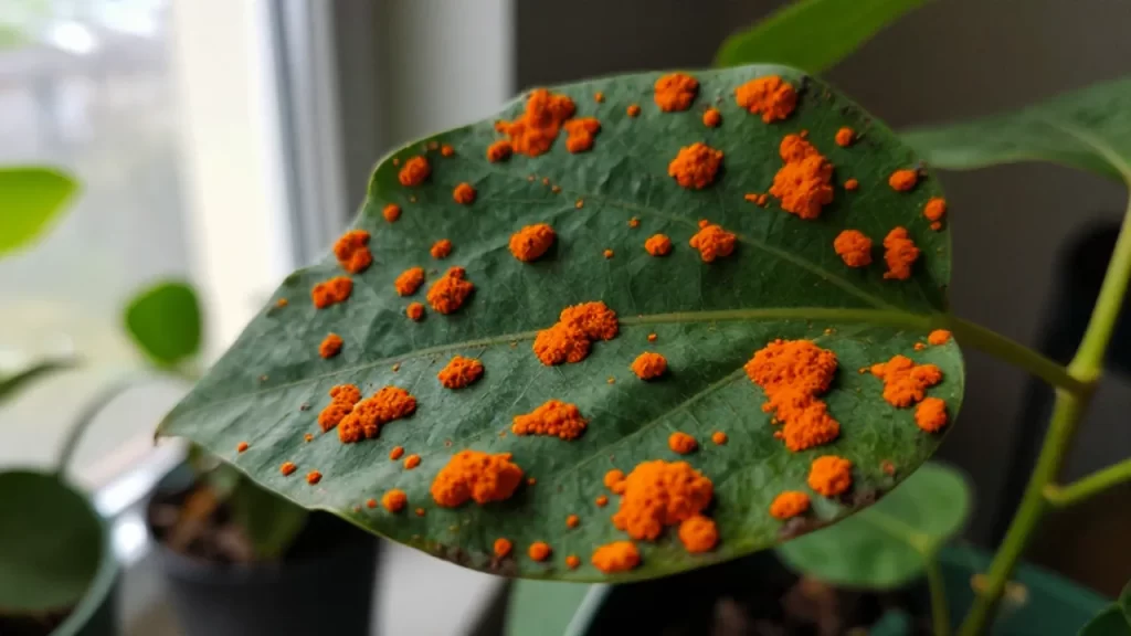 Primer plano de una hoja verde con manchas de color naranja brillante causadas por hongos.
