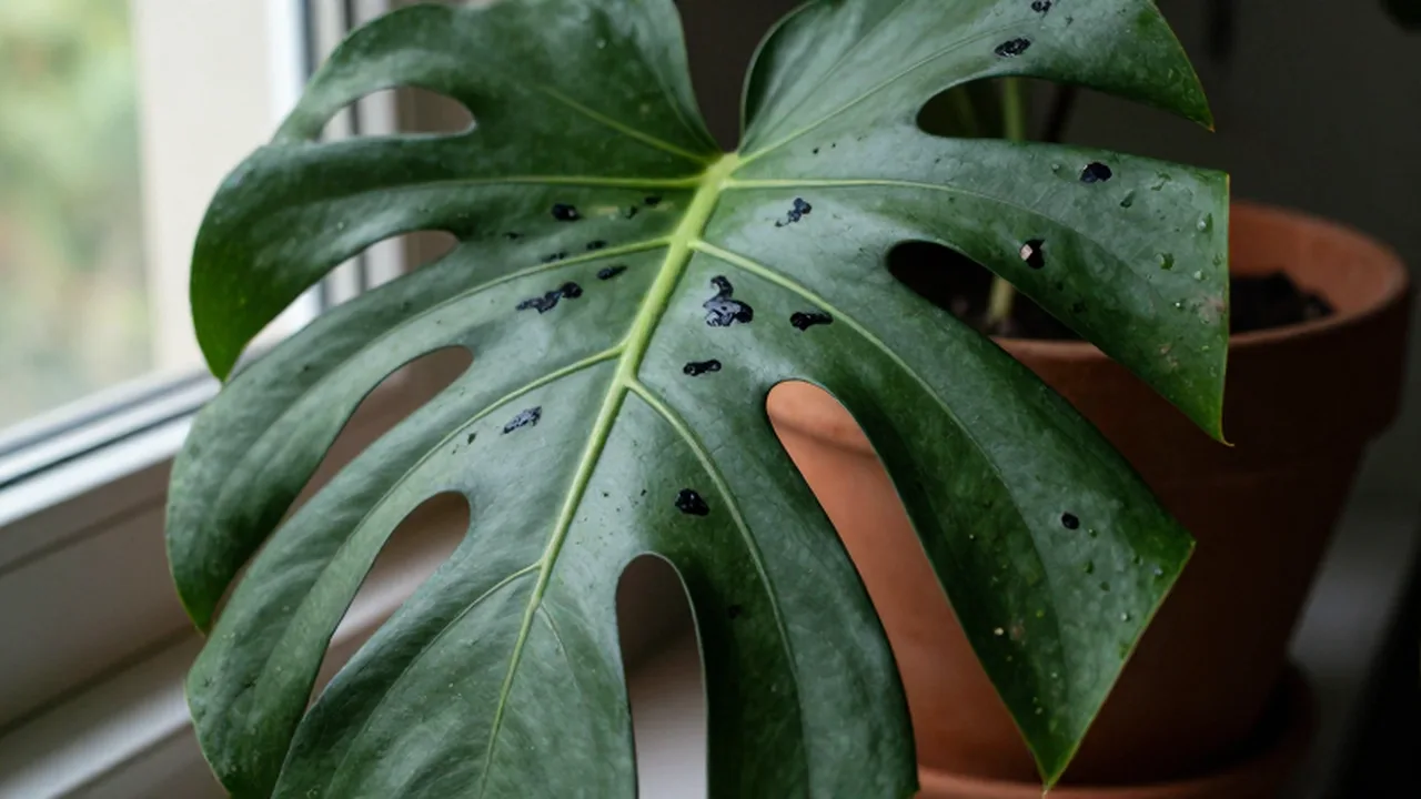 Primer plano de una hoja de Monstera deliciosa con manchas negras de necrosis.
