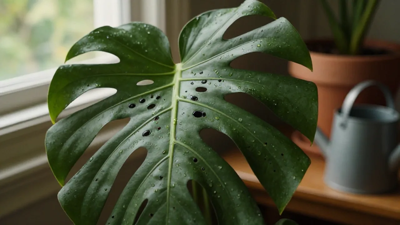 Primer plano de una hoja de Monstera con gotas de rocío y manchas negras de hongo.